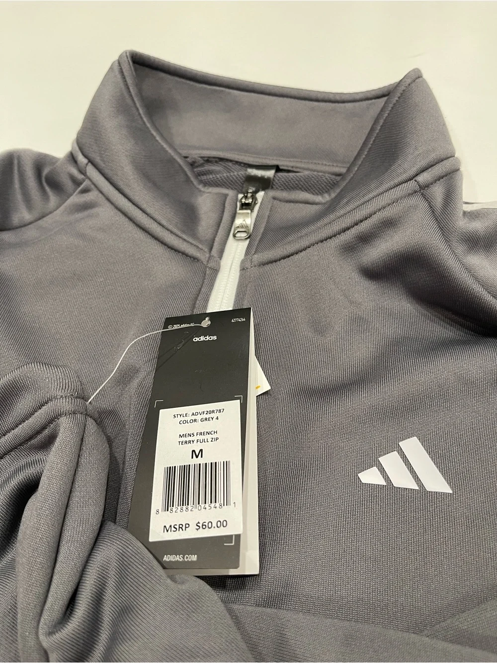 Brand NEW adidas Men's Gray Full-Zip Performance Jacket with White Stripes